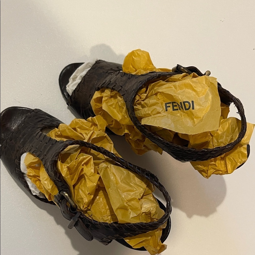 Fendi Zeppa Capra Pergamena Dark Brown Braided Wedge Sandals - Picture 9 of 9